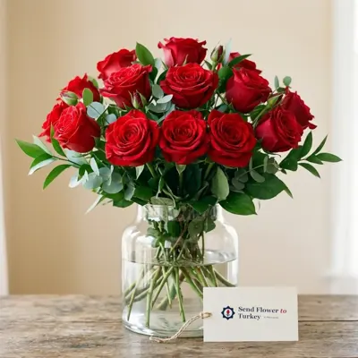 12 Red Roses in a Glass Vase