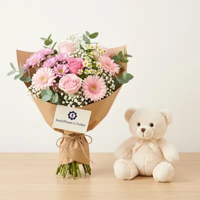 Seasonal Bouquet with Teddy Bear in Pink Tones