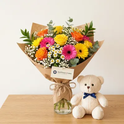 Seasonal Bouquet with Teddy Bear in Bright Colours