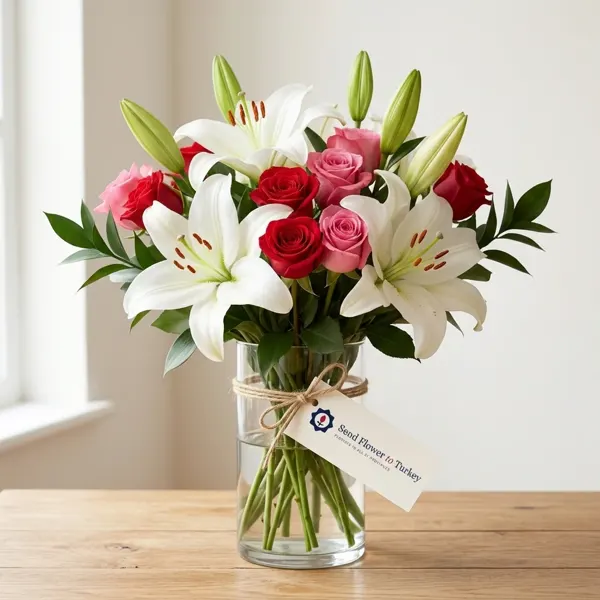 Lilies and Roses in a Glass Vase
