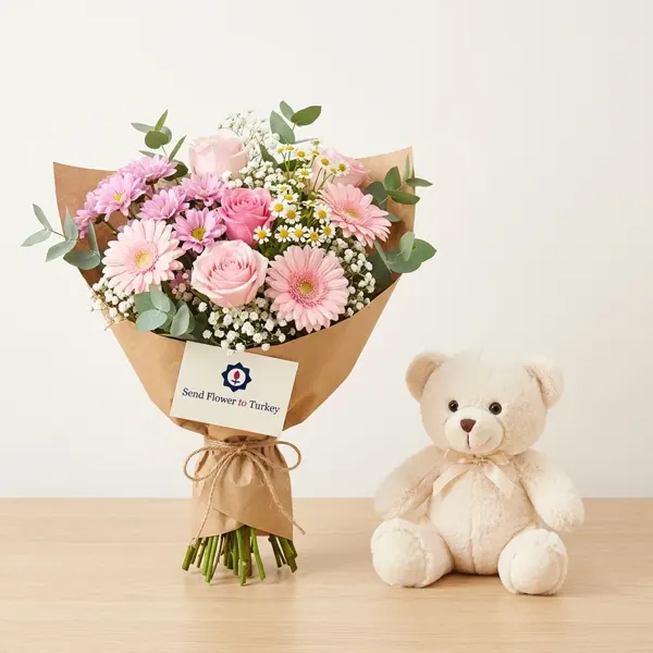 Seasonal Bouquet with Teddy Bear in Pink Tones