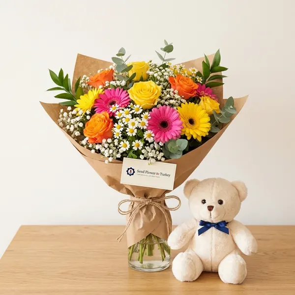 Seasonal Bouquet with Teddy Bear in Bright Colours