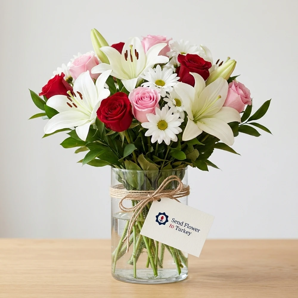 Roses and Seasonal Flowers in a Glass Vase
