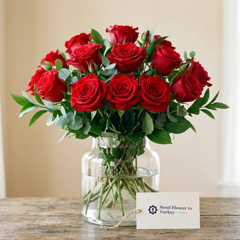 12 Red Roses in a Glass Vase
