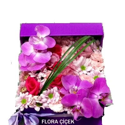 Orchid and Seasonal Flowers in a Square Box