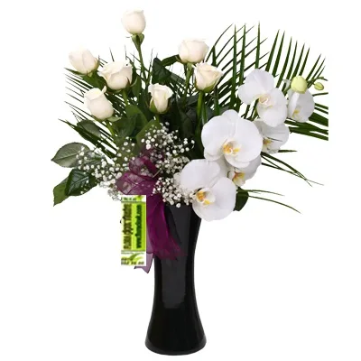 Orchidee und weiße Rosen in schwarzer Vase