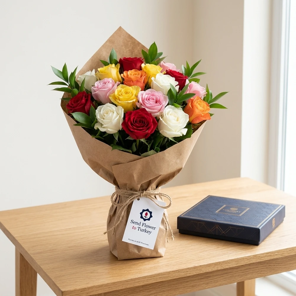 20 bunte Rosen mit Schokolade