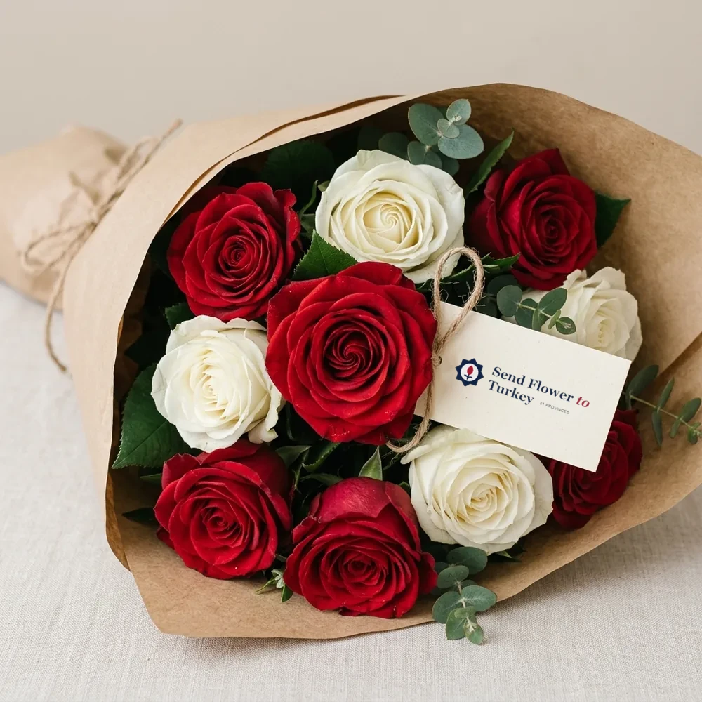 Strauß mit 9 roten und weißen Rosen